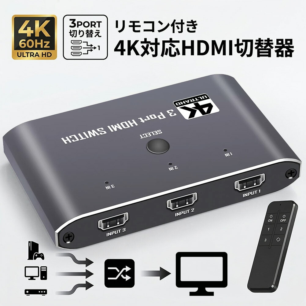 HDMI 切替器 セレクター高画質4K/60Hz対応 HDMI 3入力1出力 リモコン付き HDR 3D対...