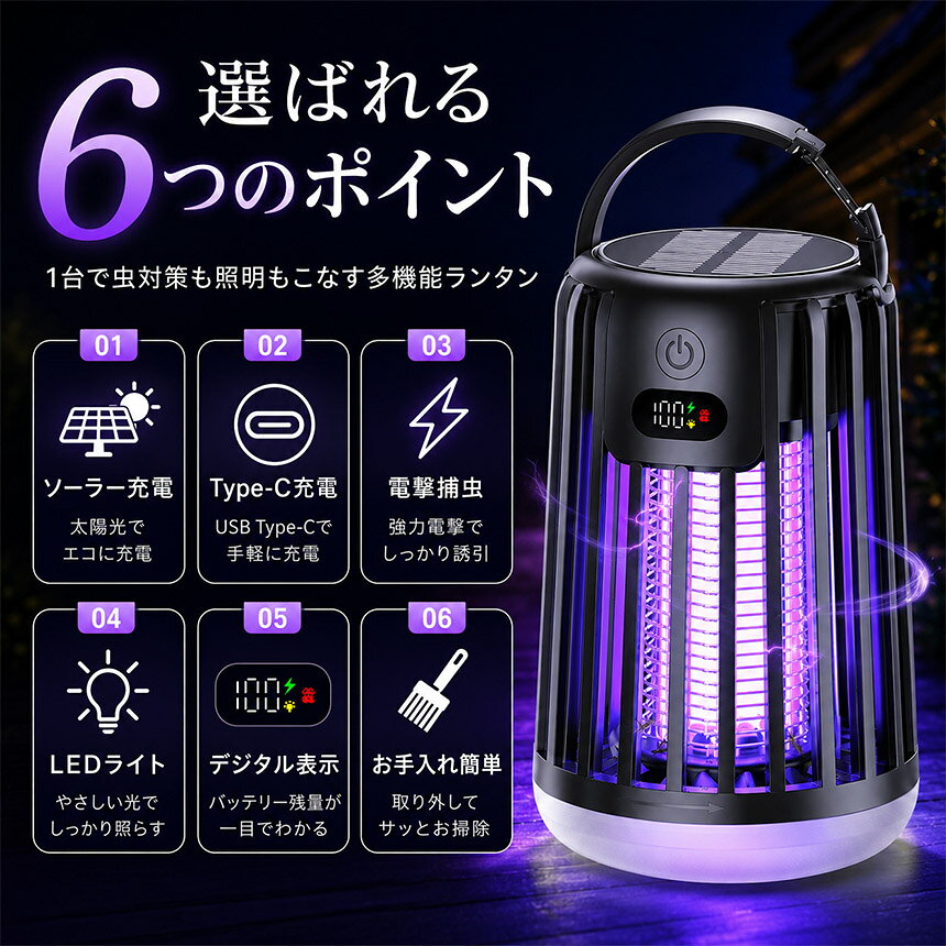 ソーラー 虫除けライト 電撃殺虫器 蚊取り器 LEDランタン 充電式 Type-C USB 屋外 室内 キャンプ 庭 玄関 2000V 電撃捕虫器 2WAY充電 2000mAh ブラック ホワイト 蚊 峨 アウトドア 玄関 吊り下げ 置き型 夏 虫対策 蚊よけ コバエ anami-10003927 アナミ楽天市場店 サンプル画像3