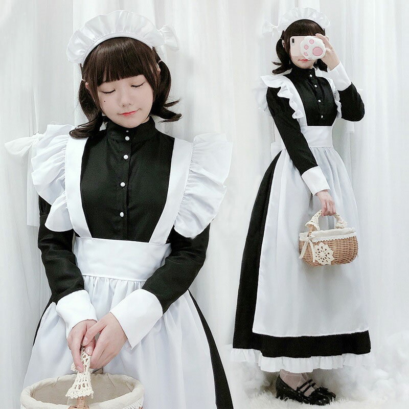 ★送料無料★メイド服 ロング クラシック コスプレ 長袖 黒 大きいサイズ 可愛い メイド エプロン カチューシャ 衣装 …