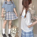 レディース セーラー服 半袖 上着＋リボン+スカート 上下セット 女子制服 JK制服 コスプレ 可愛い レディース 衣装 学園祭 コスチューム衣装 ブルー ホワイト