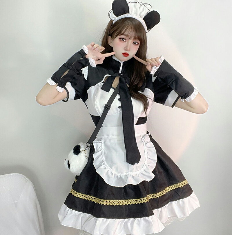 メイド服 パンダ コスプレ カチューシャ+ワンピース+腕飾り+ネクタイ+エプロン 5点セット 衣装 かわいい 仮装 女装 レディース ロリータ パンダメイド コスチューム 萌え panda カフェ 学園祭 文化祭 宴会 喫茶店 ハロウィン衣装 フルセット