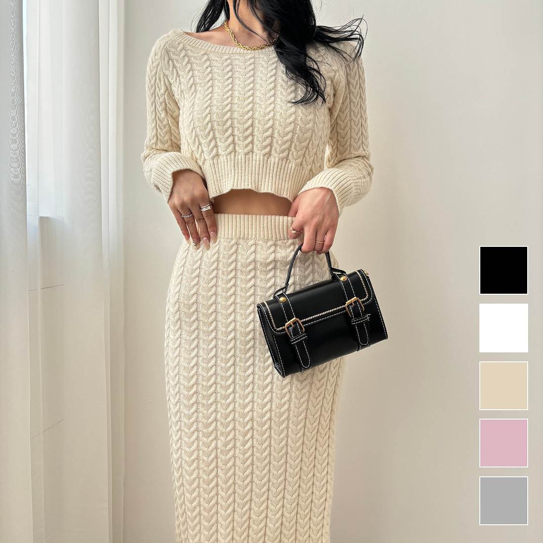 ほどよいフィット感で綺麗なライン魅せエレガントショート丈ニットトップス&ミディアムスカート セットアップ デザイン編み ロングシーズン 長袖 冬冬冬 フェミニン...