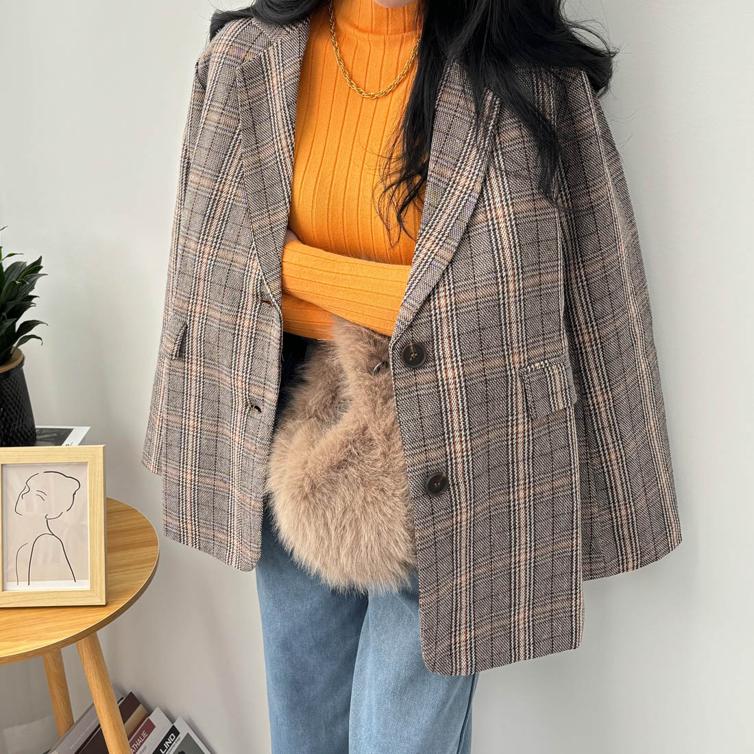 今季トレンドが詰まったチェック柄ジャケット アウター メンズライク ジャスト肩幅 ロングスリーブ 裏地あり 抜け感 きちんとコーデ カジュアルコーデ オフィススタイル デイリーユース チェック柄アイテム 羽織 冬冬 レイヤードスタイル(4.0)