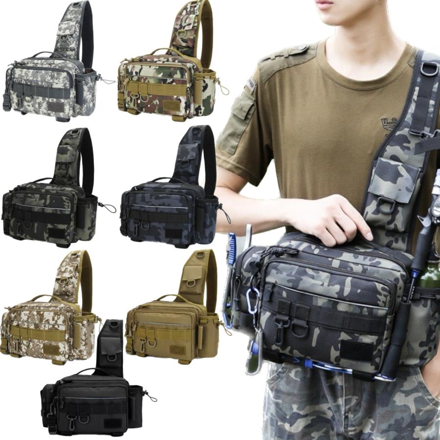 フィッシングバッグ ショルダー 大容量 アウトドア 迷彩 ブラック 釣りバッグ おしゃれ 防水 ロッドホ..