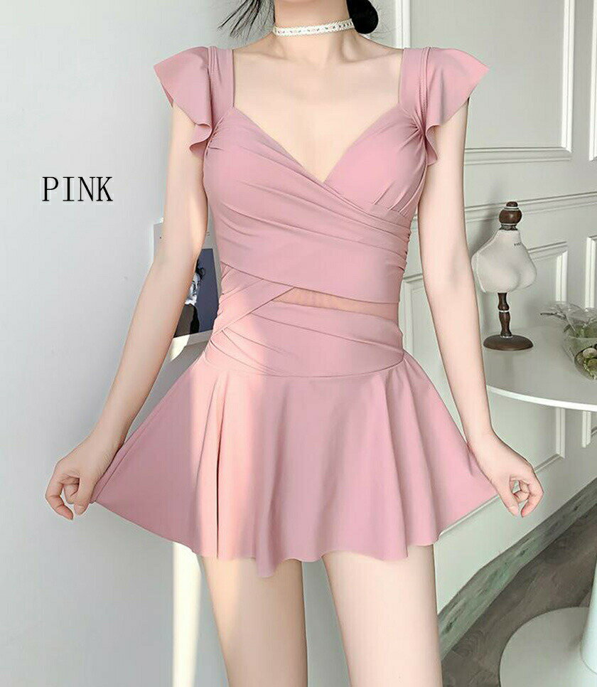 水着 ワンピース レディース オールインワン 体型カバー水着 ママ水着 20代 30代 40代 50代 みずぎ 女子 大きいサイズ フリル フレアスカート 可愛い お洒落 無地 エレガント セクシー ぽっちゃり 海 温泉 ブラック ピンク グリーン【アンビエント】