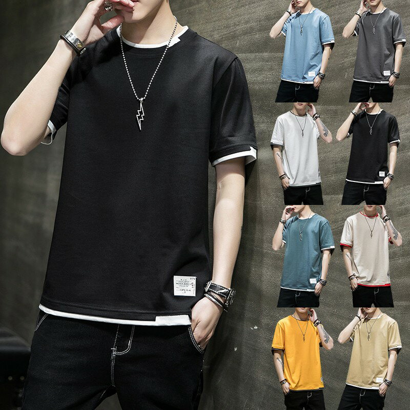 Rakuten - Tシャツ メンズ 半袖 夏服 無地 大きいサイズ 重ね着風 レイヤード 薄手 軽い 柔らかい 丸首 シルエット おしゃれ ファッション トップス 春 秋 カジュアル 着回し ゆったり コーデ 男性用 ストリート 韓国風 快適 吸汗 通気性 デイリー