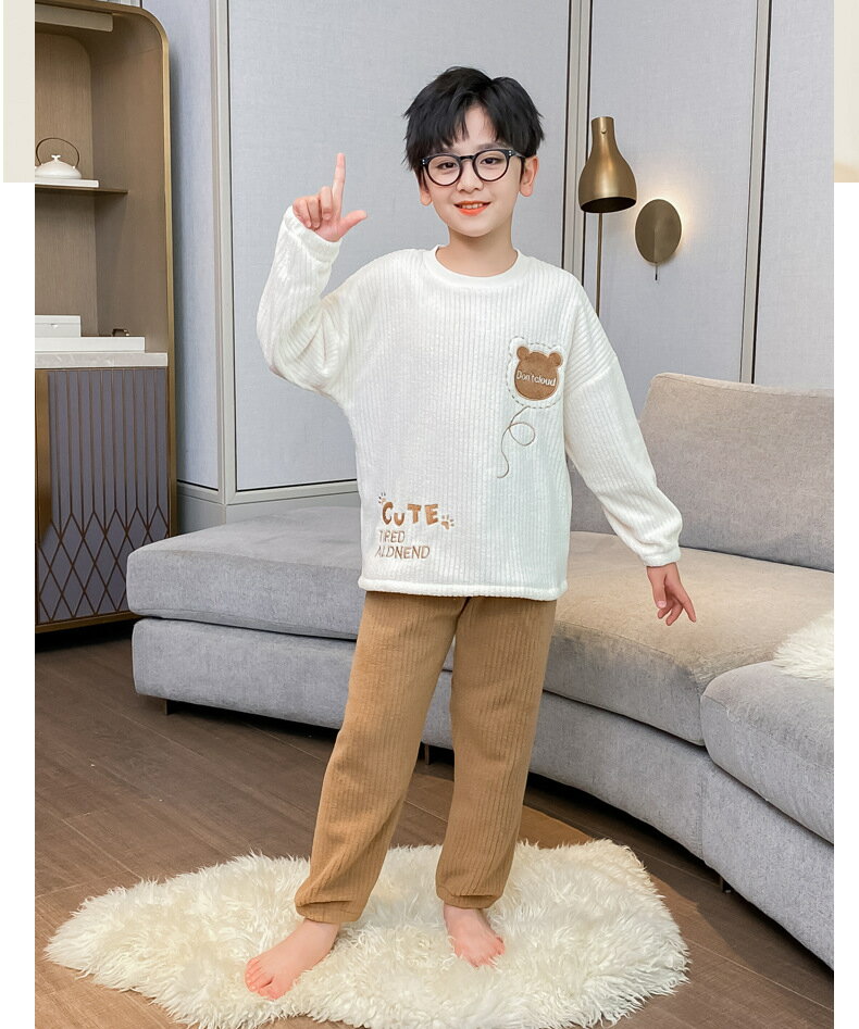 パジャマ キッズ 男の子 厚手 長袖 防寒 冬用 カーキ ルームウェア 上下セット もこもこ 動物 裏起毛 かわいい おすすめ アニマル Uネック 子供服 寝巻き 寝室 学生 100 110 120 130 140 150 160 170