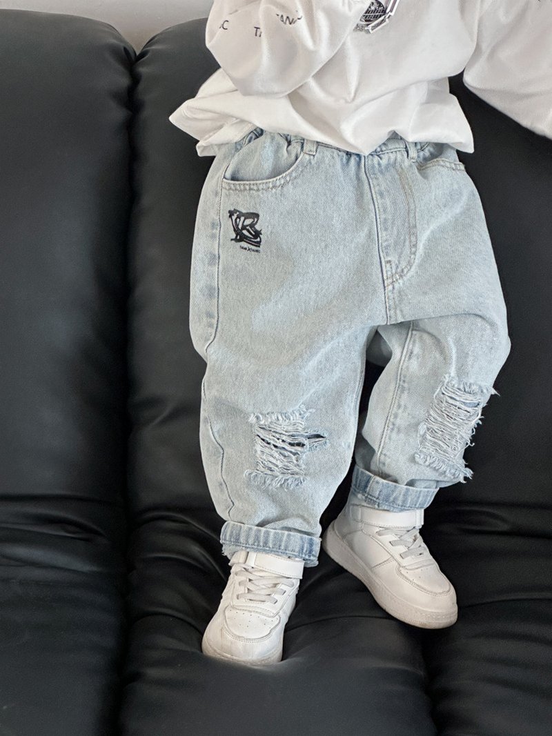 [24 años de vestir de primavera, puntos 10 veces] Pantalones de denim chicos jeans ropa infantil ropa infantil vestir de primavera, vestir de otoño, pantalones botus azul claro 90cm 100cm 110cm 120cm 130cm 140cm Corea del Sur Overseas relajado cool despejado despejado casual jardín de acogida de la escuela acostumbrado salir deporte envío gratuito 24 años nueva — vista 3