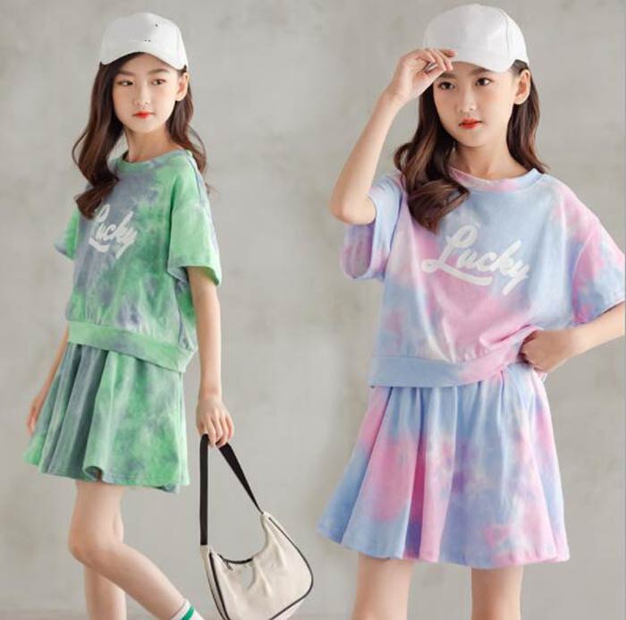 夏 韓国 子供服 セットアップ 学生 女の子 半袖Tシャツ+スカート子ども服 上下セット キッズ Tシャツ 子供 女の子 ダンス衣装 キッズ ヒップホップ ジュニアスポーツウェア 運動着 七五三 通学着 通園着 120 130 140 150 160 165