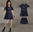 韓国子供服 セットアップ キッズ 半袖ワンピース +ショートパンツ上下セット 子ども服 女の子ワンピース 学院風 シャツ ワンピースキッズショートパンツ女の子ボーダー柄ワンピース 制服 春秋冬 ジュニア服 2点セット 七五三 入学式 120 130 140 150 160 165