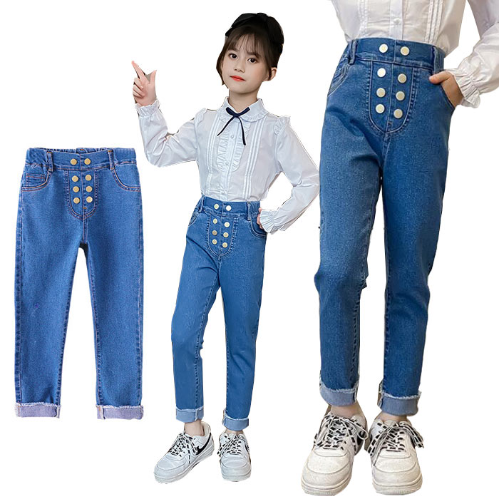 送料無料 子供服 ダメージジーンズボトムス 女の子 子供 ロングパンツ パンツ/PANTS 子供用 パンツフット カジュアルパンツキッズ ダメージデニムパンツ こども カジュアル デニムパンツ 子どもジーンズ 発表会 110cm 120cm 130cm 140cm 150cm 160cm