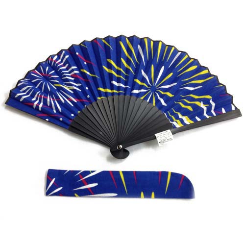 手ぬぐい扇子「花火　青」布製／袋付き／ギフト／japanese Hand fan