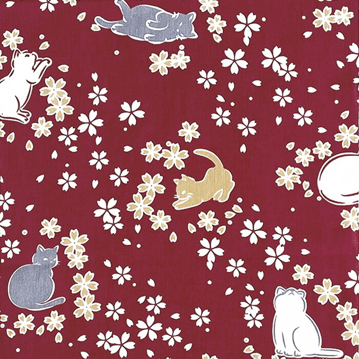 【2024年秋新作】手ぬぐい「さくらねこ 海老茶」臙脂／猫／ネコ／桜／和柄／てぬぐい