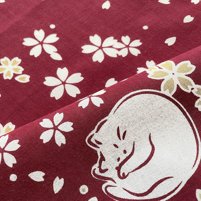 【2024年秋新作】手ぬぐい「さくらねこ 海老茶」臙脂／猫／ネコ／桜／和柄／てぬぐい