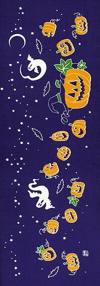 手ぬぐい「Pumpkin Night 紫」ハロウィン／Halloween／ジャック・オ・ランタン／かぼちゃ／おばけ／横柄／てぬぐい