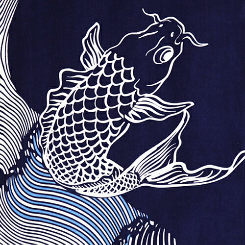 手ぬぐい「染付 流波に鯉」流水／魚／端午の節句／鯉のぼり／ブルー／紺／染付／て...