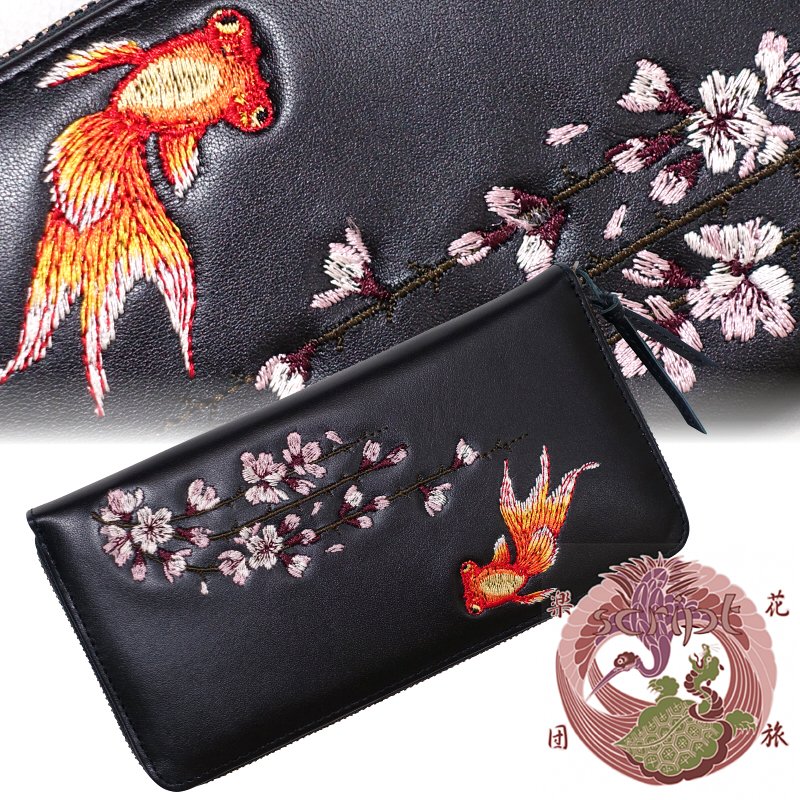 花旅楽団スクリプト 桜と金魚刺繍 和柄 牛革 長財布 SLWL-503 ロングウォレット SCRIPT