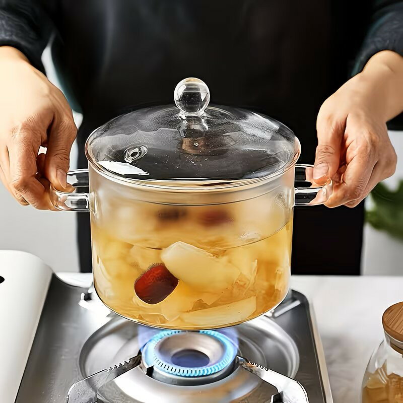 Glass Fry Pans - 直火 IH対応 ガラス両手鍋 1.5L 耐熱ガラス 鍋 透明 スープポット ふた付き 赤ちゃん 調理 おしゃれ かわいい シンプル 食洗機対応 北欧 インテリア