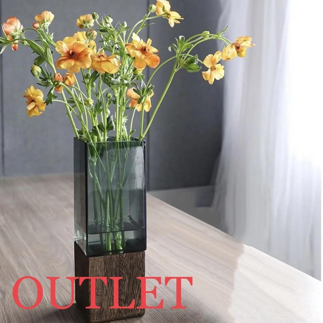 Rakuten - 【クリアグリーンガラス×ウッド　スクエア　スモール】花瓶　インテリア　花器　おしゃれ