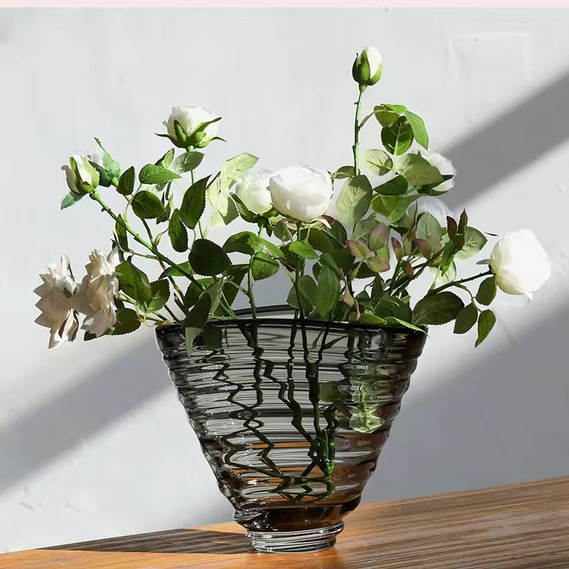 【ノワールフラワーベース】ブラック ガラス 花瓶 大型 24cm モダン 枝物 ブーケ対応 スモークガラス 広口 アート インテリア リビング 玄関