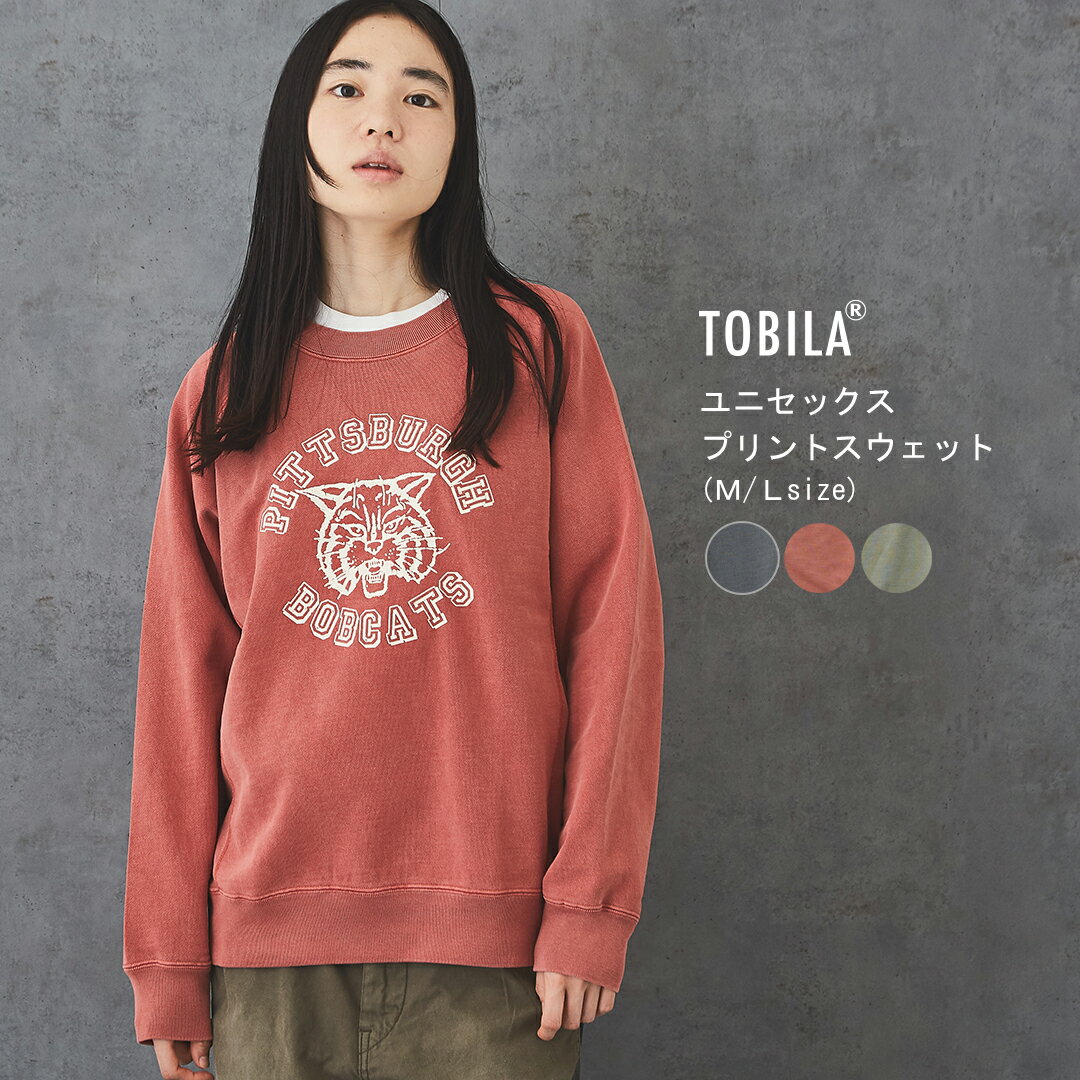 スウェット / TOBILA(トビラ) ビンテージライク裏毛 ピグメント染め プリント スウェット ユニセックス (3色)(M/L): アメカジ 秋 レディース メンズ トップス ロゴトレーナー カレッジロゴプリント いろいろサイズのサムネイル