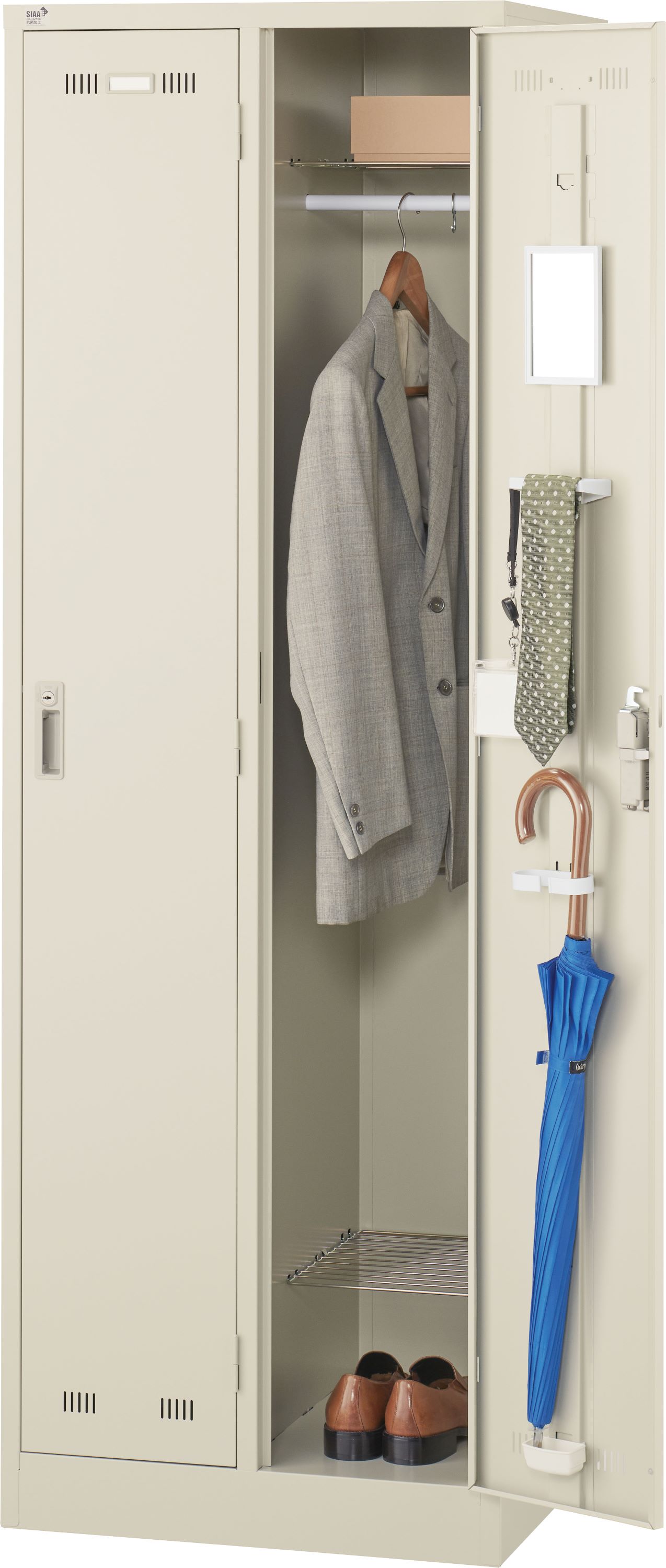 【ポイント10倍★エントリーで全員 スーパーセール限定】生興 SLK-2 2人用ロッカー ニューグレー 更衣室ロッカー スチール製 抗菌加工 ハンガーパイプ 網棚 鏡 傘立付 収納ロッカー オフィス 学校 病院