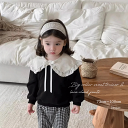 2タイプ キッズ ベビー ビックカラーブラックトレーナー 裾レース付きチェックパンツ 韓国子供服 73cm~100cm 70 80 90 100 レース ビック ビッグ カラー 襟付き スエット プルオーバー スゥエット ギンガムチェック パンツ 裾レース