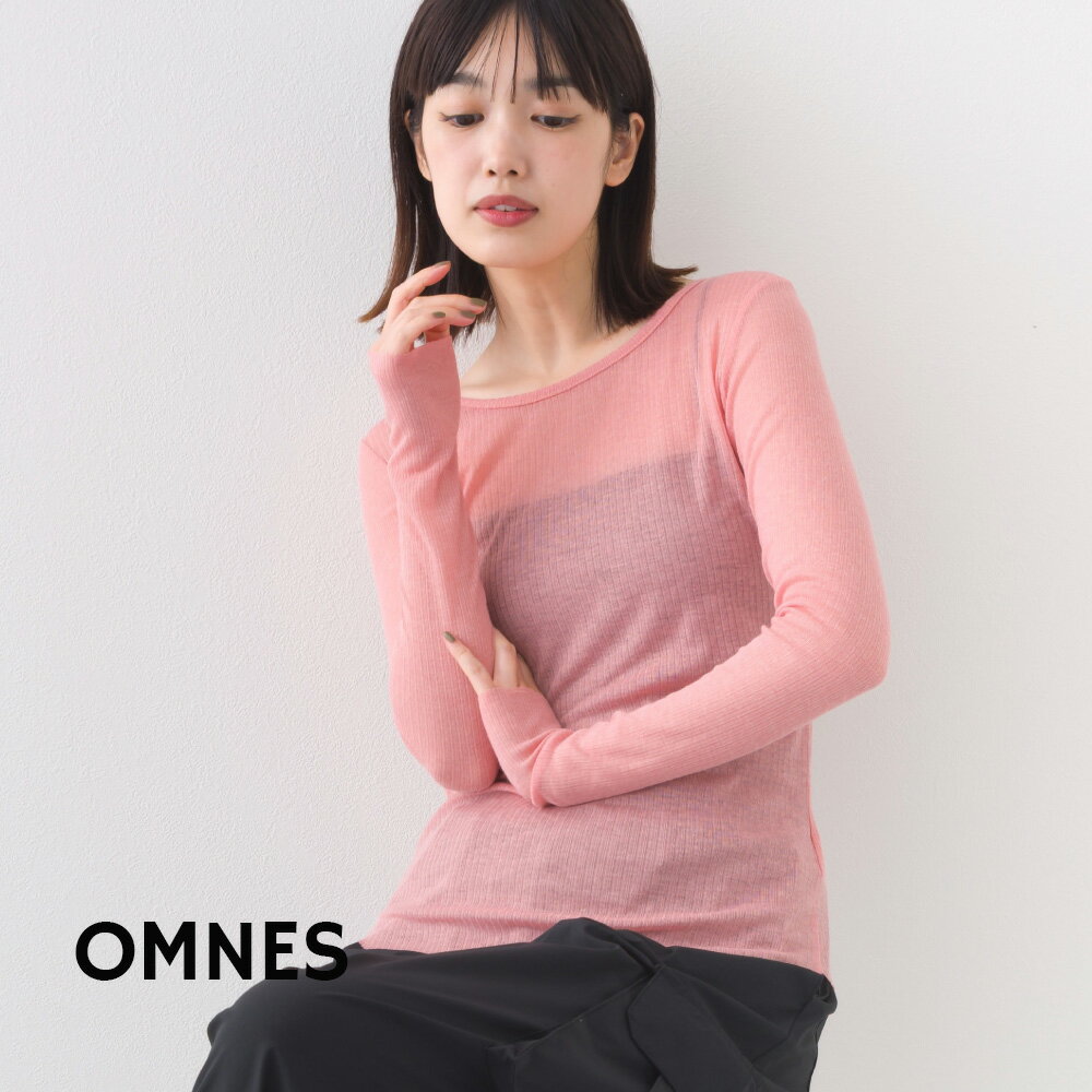 【OMNES】リブシアークルーネック長袖トップスカットソー レディース フリーサイズ カジュアル 透け感 シアー素材 オムネス
