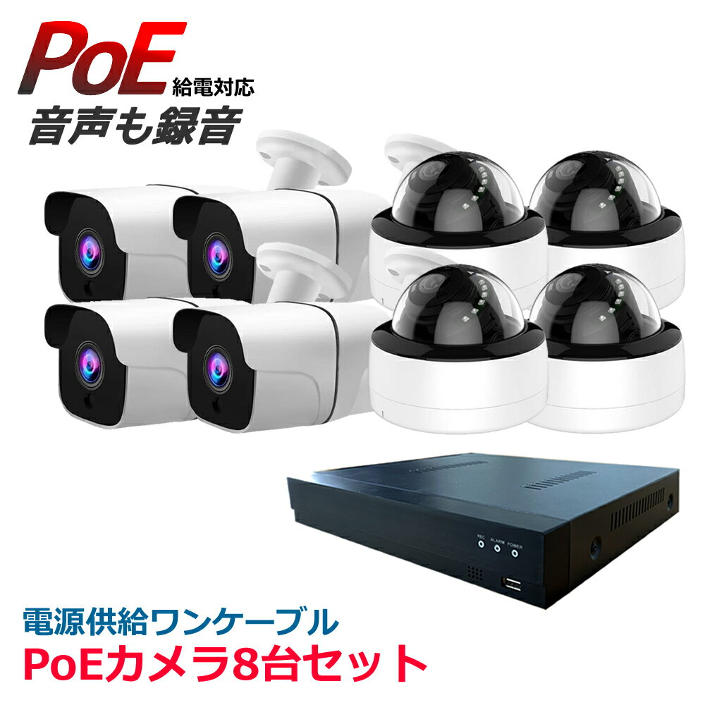 防犯カメラ PoE給電 屋外 8台セット選べる 監視カメラ PoE カメラ8台 夜間オールカラー対応 レコーダー 248万画素 HDD1TB内蔵 AV-POE08-SET（HDD1TB) PTZカメラ選択可能