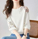 最大15%OFFクーポン 【送料無料】シャツ ブラウス ニット トップス 七分袖 レディース パーカー 花柄 刺? tシャツ Tシャツ 透かし彫り 肩だし プルオーバー ゆったり