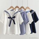 P5倍&セット購入で10%OFFクーポン 【送料無料】シャツ ブラウス レディース 半袖 綿100% tシャツ 無地 ストライプ リボン付き シャツブラウス 半...