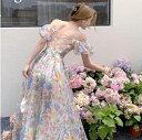 【7/31 23:59迄P5倍&100円OFFクーポン】【送料無料】バルーンスリーブ パステルフラワーシフォンドレス バックレースアップ 花柄オフショルダーロングキャミワンピース ワンピース