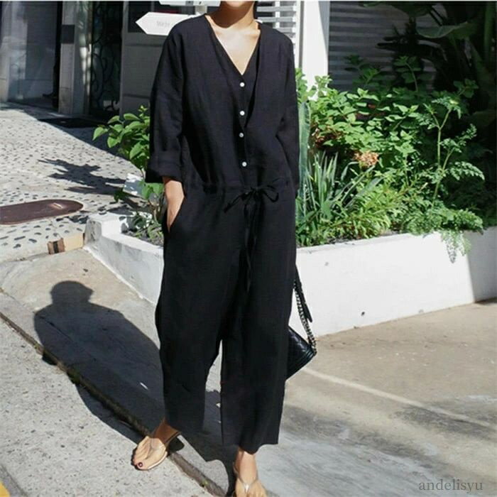 【送料無料】OL オフィス Vネック シンプル 体型カバー トレンド 無地 長袖 ワイドパンツ 綿麻オールインワン ウエスト調節可能 綿麻 夏