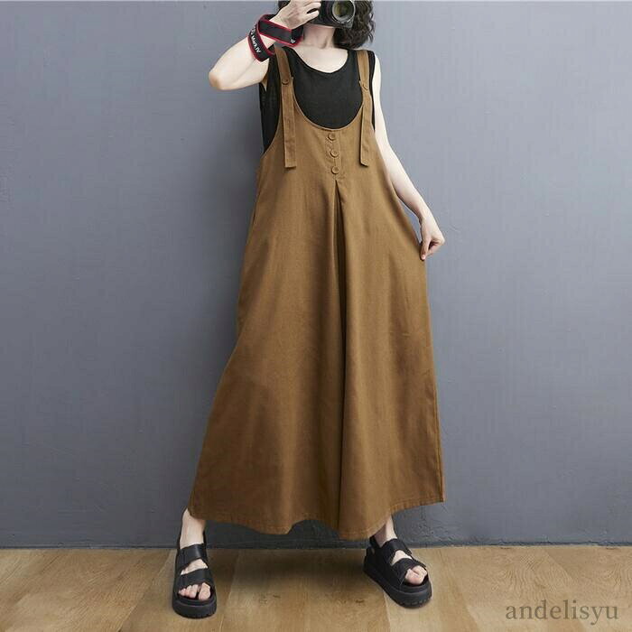 【本日P5倍＆100円OFFクーポン】【送料無料】カジュアル ワンピ レディース 夏 春 麻 綿 リネン混 コットン 涼しい 薄手 ワイドパンツ ナチュラル パンツ サロペットパンツ