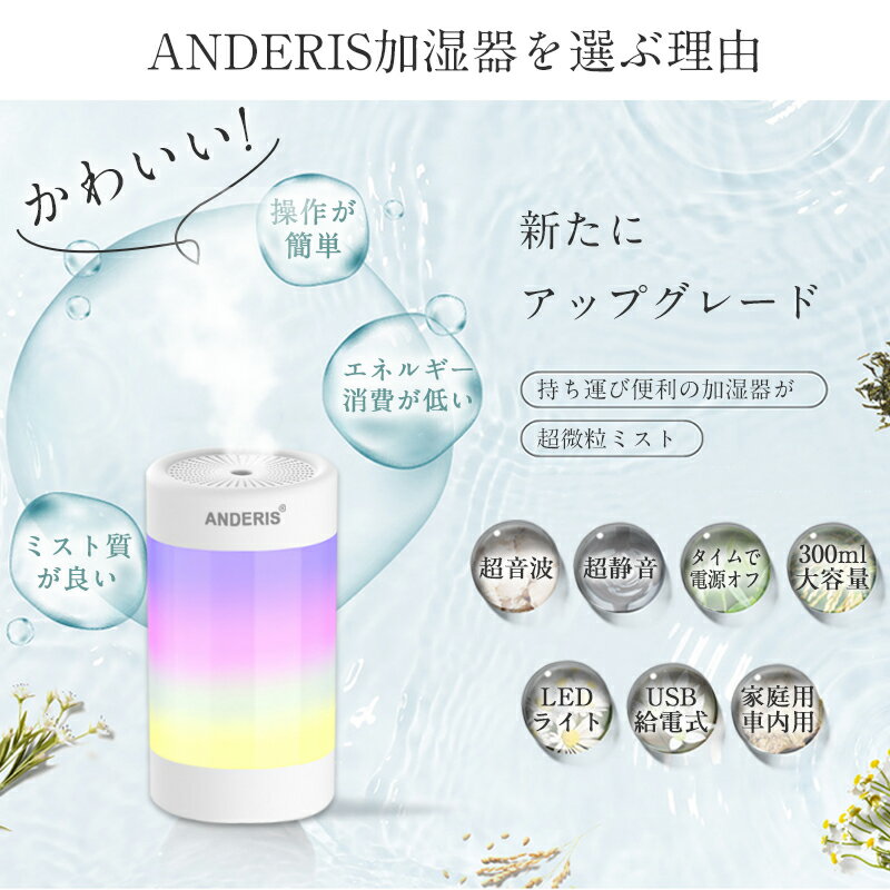 【TIMESALE限定価格3,400円⇒1,700円!!】あす楽 送料無料 ANDERIS 最新型 加湿器 卓上 小型 加湿器 超音波加湿器 usb LEDライト付き アロマ 上から給水 静音 省エネ おしゃれ 自動停止機能 アロマ加湿器 オフィス リビング ダイニング ライフスタイル 子供部屋