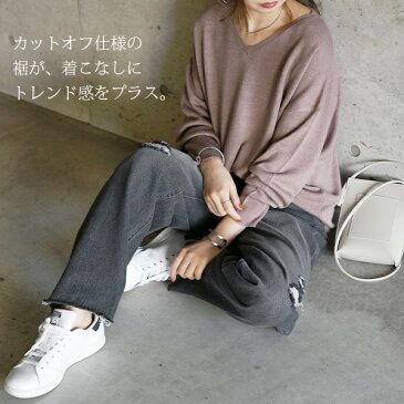 カットオフクラッシュデニムパンツ【メール便不可】【M】【L】【LL】レディース 春夏秋 ボトムス パンツ ユーズドネイビー ユーズドブルー ユーズドブラック ダメージデニム ジーンズ ジーパン カジュアル ラフ 10.5オンス 大人可愛い デイリー 日常 バックゴム