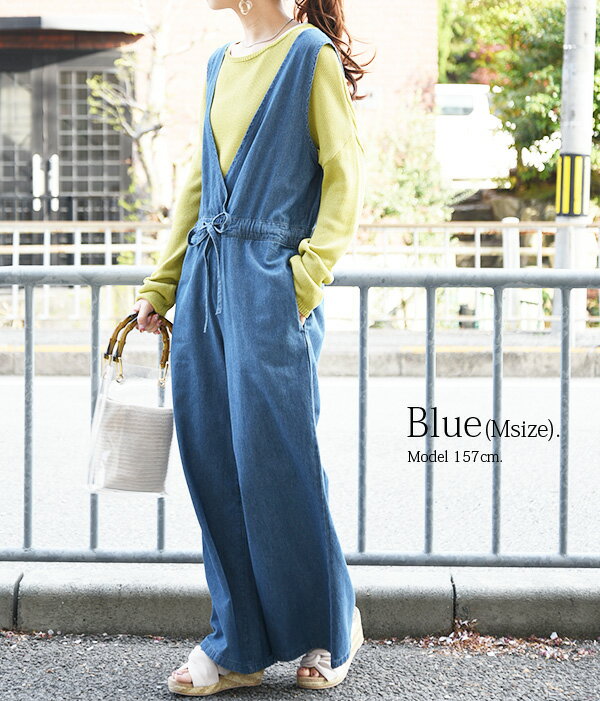 ウエストリボンで女性らしさをプラスしたカジュアルスタイルに欠かせないデニムサロペ オールインワン デニム サロペット レディース ウエストリボンデニムサロペット サロペ パンツ ボトム 国内初の直営店 ネイビー ラフ オーバーオール ゆったり カジュアル 楽ちん