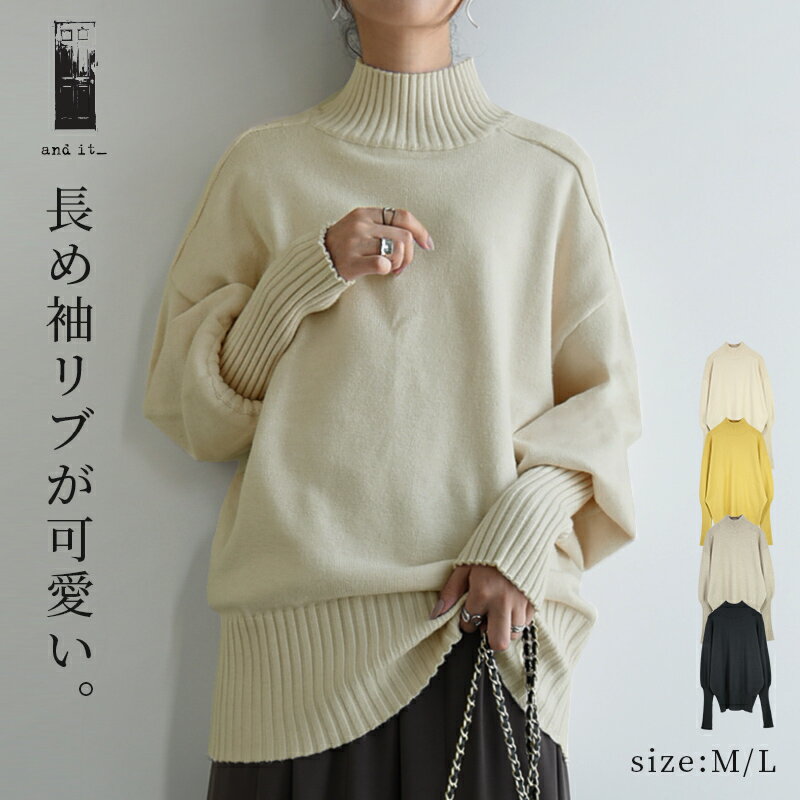 【全品対象20%OFF配布中★12/1まで】ニット レディース アームウォーマーロングリブニット 長袖 ロングリブ ロング リブ バルーン袖 生地 ボリューム袖 ハイネック 秋 冬 無地 洗える 洗濯機可能 アイボリー イエロー ベージュ チャコールグレー M L メール便不可