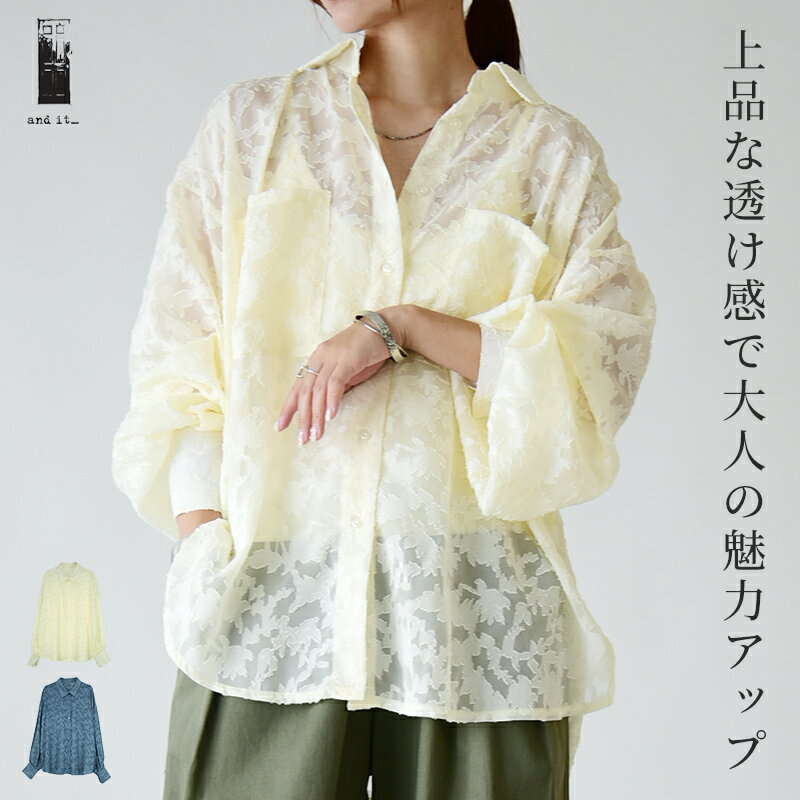 【クーポンで40%OFF 7/11 17:59まで】シャツ レディース シアージャガードオーバーシャツ トップス 長袖 透け感 シアー シアーシャツ 柄シャツ 柄 ゆったり お洒落 大人可愛い ボリュームスリーブ ふんわり 羽織り アイボリー ブルー 春 秋 冬 SS, AW, F TP01 メール便10 ★のサムネイル