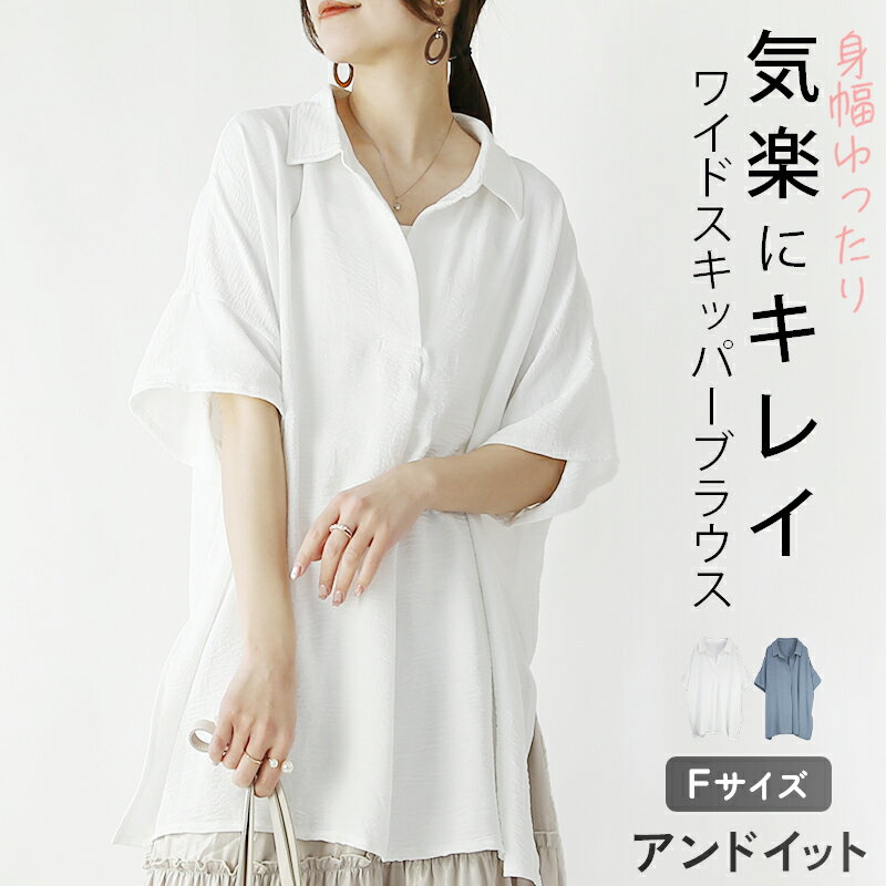 樂天商城 - ブラウス レディース 半袖 ワイド スキッパーブラウス シャツ トップス Vネック すっきり サイドスリット 抜け感 涼感 二の腕カバー 体型カバー ゆったり 楽ちん ラフ シンプル カジュアル 上品 大人可愛い お洒落 オフホワイト ブラック ブルー 春 夏 F メール便10