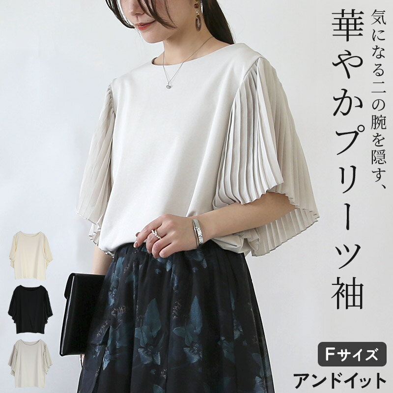 Rakuten - プルオーバー レディース プリーツスリーブ ポンチ トップス プリーツ袖 シアー 5分袖 半端袖 上品 綺麗め きれいめ 大人可愛い 華やか 気映え お洒落 二の腕カバー 体型カバー ゆったりサイズ アイボリー ブラック ライトグレー 春 夏 F メール便10