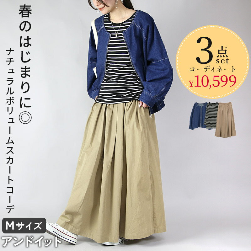 コーデセット レディース 春のナチュラルボリュームスカートコーデ ボーダー デニム ベージュ M メール便不可