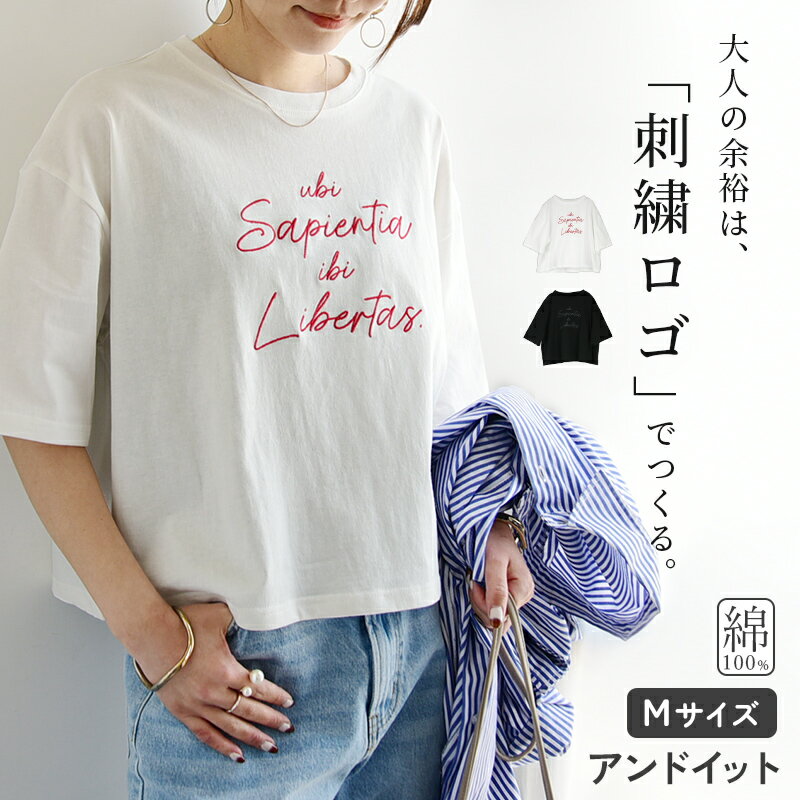 樂天商城 - tシャツ レディース 半袖 綿100％ カットソー トップス ゆったり 体型カバー 刺繍ロゴ 白 黒 コットン 大人 カジュアル シンプル 上品 ワイド 春 夏 秋 刺繍 ロゴ ブラック ホワイト 着回し デイリー M メール便5