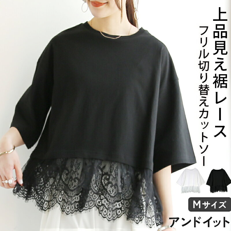 樂天商城 - Tシャツ 裾レース レース カットソー トップス 半袖 重ね着 インナー レース切り替え ブラウス クルーネック 丸首 シンプル カジュアル 通勤 M ブラック オフホワイト メール便5