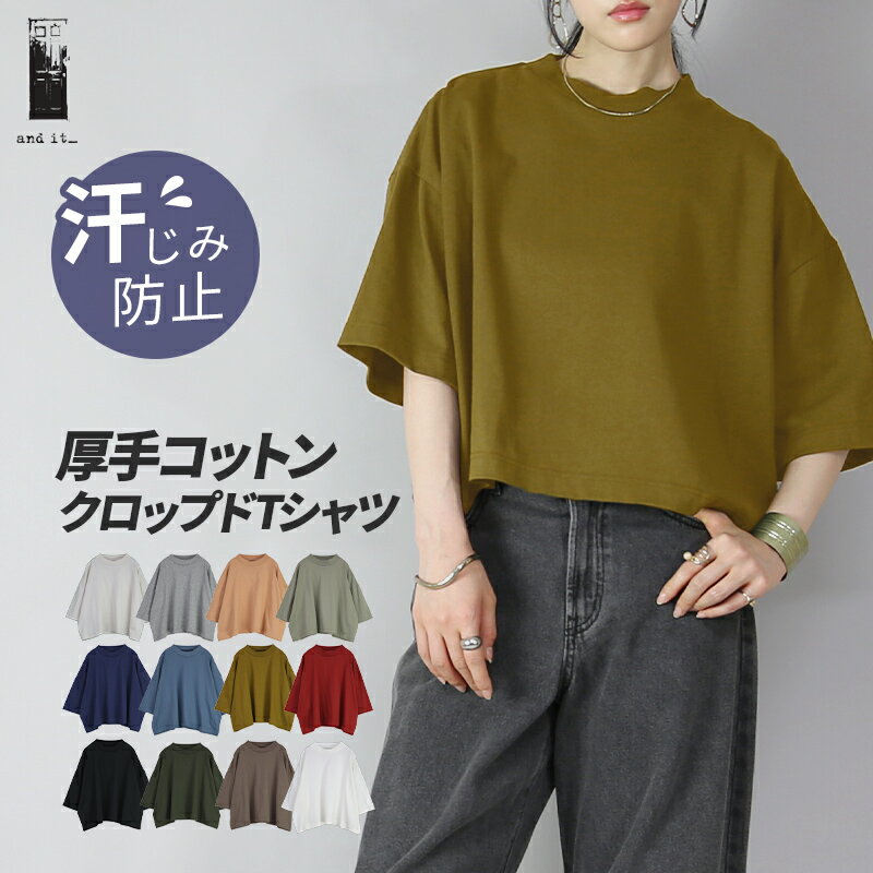 汗染み防止 カットソー レディース 汗しみないクロップドTシャツ トップス 半袖 半そで 汗染み 防止 安心 快適 ゆったり 楽ちん ラフ 二の腕カバー 体型カバー クルーネック シンプル 無地 カジュアル 着回し コットン 春 夏 F メール便10
