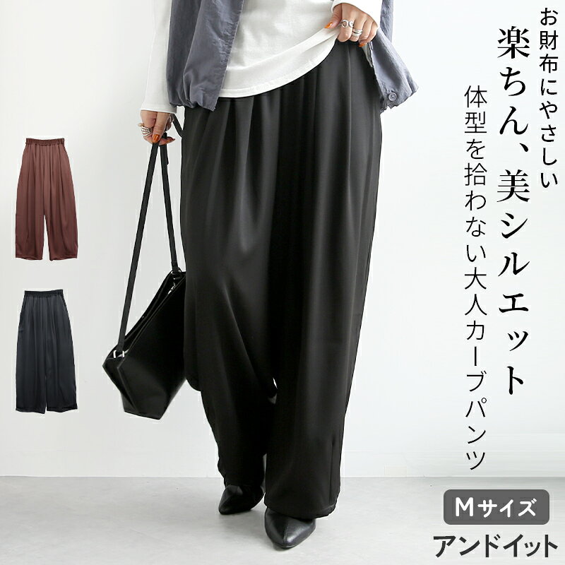 パンツ レディース ワイドパンツ カーブ コクーン タック バルーン レディース ボトムス 体型カバー ウエストゴム ゆったり 大きいサイズ きれいめ 30代 40代 50代 大人カジュアル 春夏秋冬 お財布にやさしい M ブラウン ブラック メール便10 andit-10028404 アンドイット (and it_) パッケージ画像