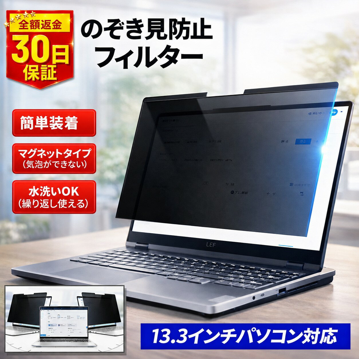 のぞき見防止フィルター 13.3インチ 16:9 ワイド 16:10 ワイド縦長 のぞき見防止 フィルター パソコン用 プライバシーフィルター ノートPC対応 マグネット式 覗き見防止 画面保護 視線ガード 着脱簡単 覗き見防止 在宅勤務 画面保護 プライバシー保護 水洗い可