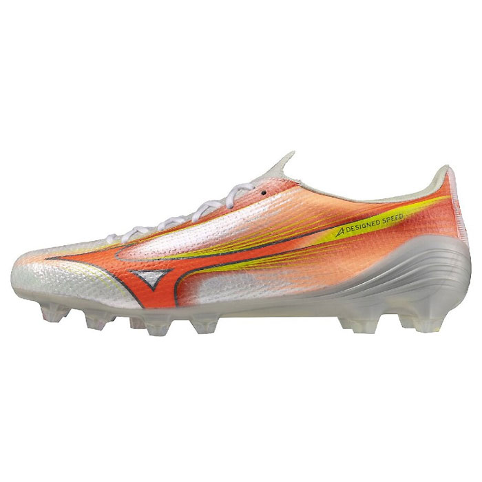 メーカー ミズノ（MIZUNO） カテゴリー サッカー 分類 スパイク 商品名 ミズノ（MIZUNO）　P1GA266254　サッカー　スパイク　ミズノ アルファ 3 ELITE 26AW 品番 MZ-P1GA266254 カラー・仕様・サイズ カラー：54（ホワイト×オレンジ×イエロー） アッパー：合成皮革/合成繊維 アウトソール：合成底 インソール：ミズノエナジーXPインソール（取外し可） 質量：約195g(27.0cm片方) シューズ幅：2E相当 対応グラウンド：天然芝/土/ロングパイル人工芝グランド 生産国：ベトナム製 商品説明 ニット素材によるフィッティングと軽量性を兼ね備えたスピードブーツ。ニット素材を採用した新3層構造のアッパーが足を包み込むような柔らかなフィット感を実現。アウトソールはα Triangle Stud採用で、縦へのスピードにフォーカス。踵部分のミズノエナジーとミズノ史上最高のインソール用高反発素材を使用した、ミズノエナジーxpインソールがハードワークに貢献。シューズの命とも言えるラストには、Engineered Fit Last NEOを採用。 　 　 　 　 　 　 　 　 ※この商品のカラーは、 54（ホワイト×オレンジ×イエロー） となります。