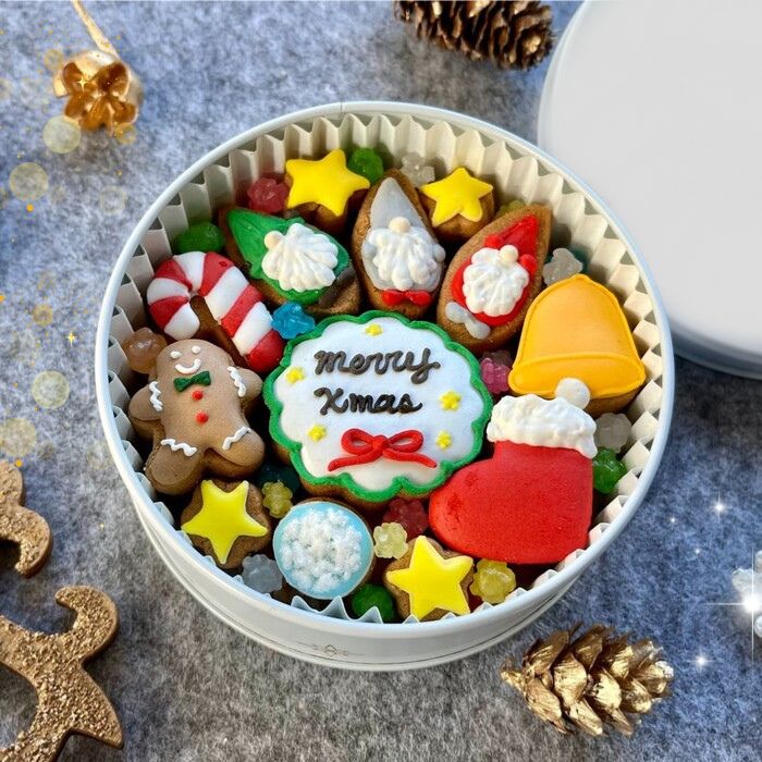 発送12/1〜 ※クリスマス限定デザイン缶 カラフルで可愛いアイシングクッキー缶 18枚 65g／クリスマスクッキー缶 ジンジャーマン ギフト お取り寄せ 配る プレゼント ツリー サンタクロース ステッキ ベル 雪の結晶 星 オリジナル デコレーション ギフト