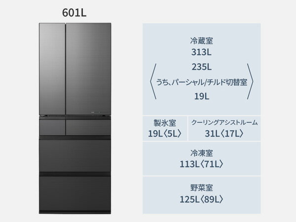 《送料区分F》パナソニック フレンチドア（両開き）タイプ　601L NR-F60WX2-X [オニキスミラー]
